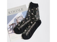 Průhledné ponožky s květy - černé 1