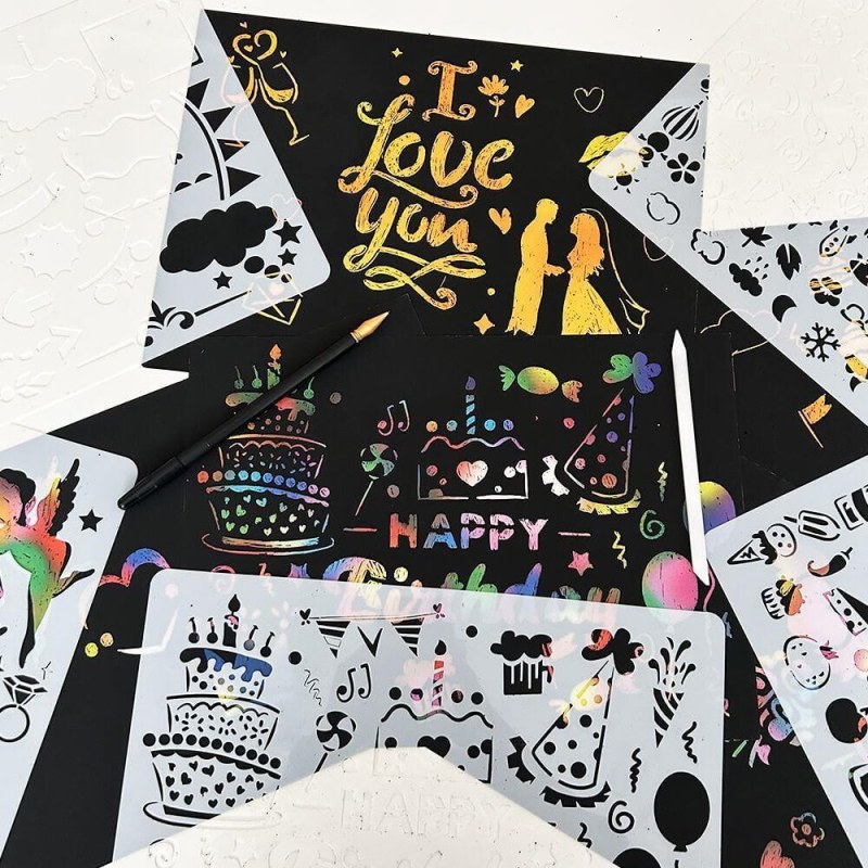 5 ks vyškrabávacích šablon A4 + 2 pera - Dárky.pro