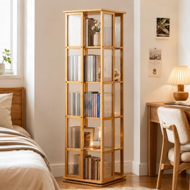 Bambusová otočná knihovna/regál, 5 polic, 150 cm - Dárky.pro
