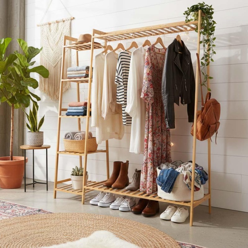 Bambusový stojan na oblečení s&nbsp;policemi a&nbsp;věšákem - šířka 130 cm - Dárky.pro