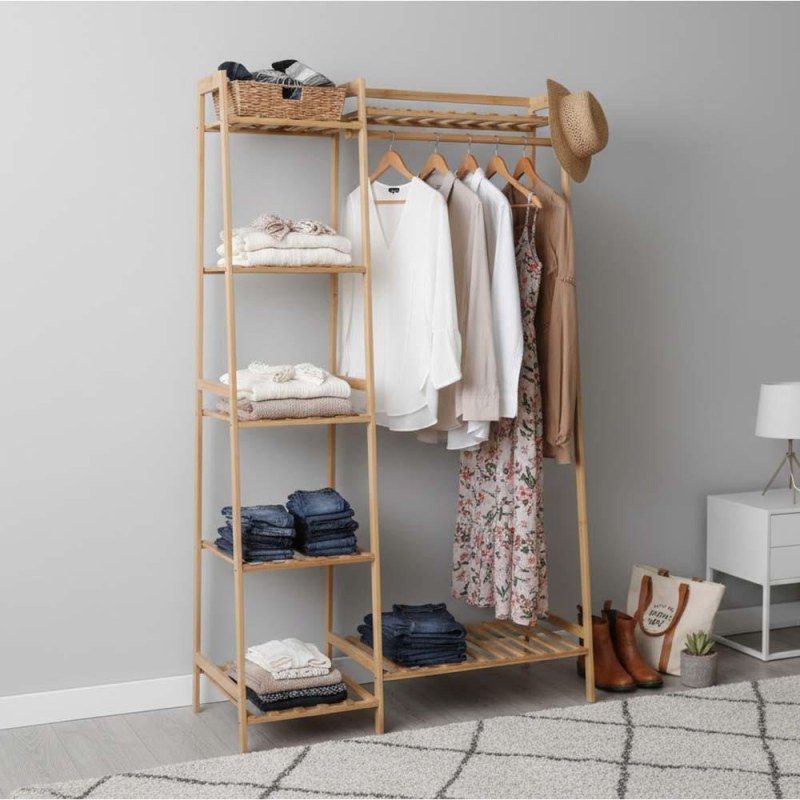Bambusový stojan na oblečení s&nbsp;policemi a&nbsp;věšákem - šířka 80 cm - Dárky.pro