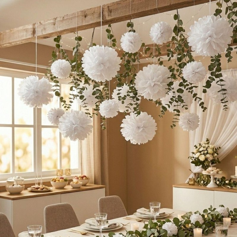 Bílá papírová dekorace Pompom 20 cm 5 ks - Dárky.pro