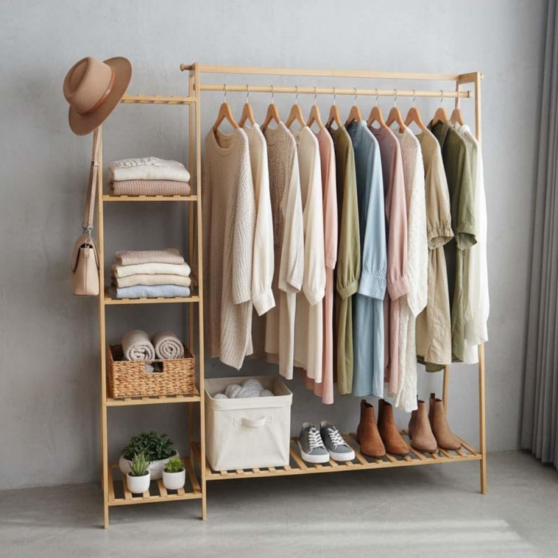 Dřevěný stojan na oblečení s&nbsp;policemi a&nbsp;věšákem - šířka 130 cm - Dárky.pro