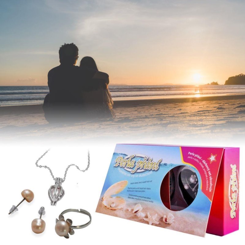 Perla přání v&nbsp;perlorodce s&nbsp;náhrdelníkem, náušnicemi a&nbsp;prstýnkem - Dárky.pro