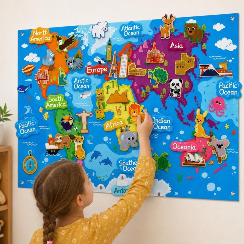 Plstěná dětská mapa světa se zvířátky a památkami