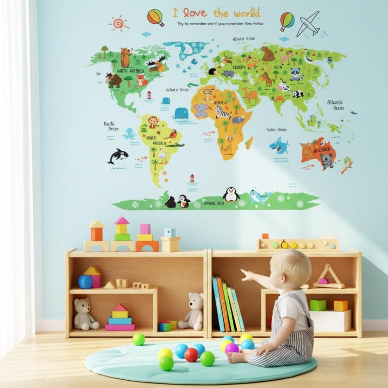 Samolepka na zeď - dětská mapa světa
